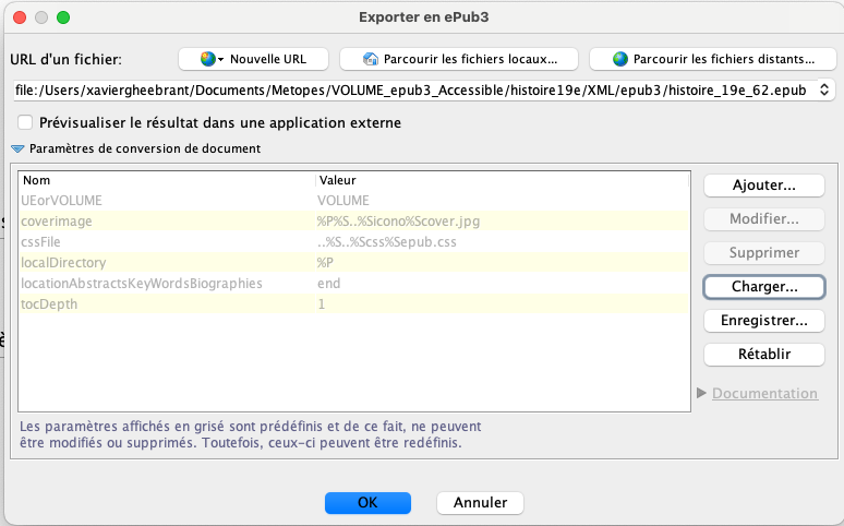 Fenêtre contextuelle où les paramètres de l’ePub3.3 peuvent être configurés