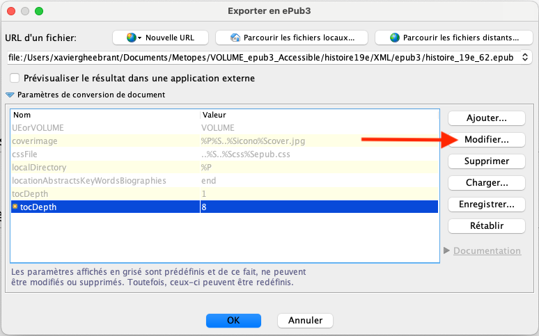 Modifier un paramètre sélectionné